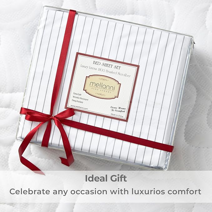 Mellanni Iconic 4-Piece, Ultra Soft Sheet Set (Queen, Pinstripe Gray) | 10M+ Sleepers. Lab-tested: Sleeps Cool, Stays Bright, Strong, Smooth. Good Housekeeping Best Bedding, 7 yrs running.