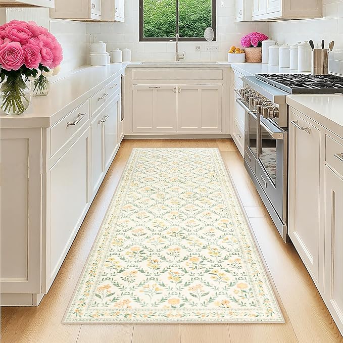 PLHXFR 2x6 Washable Runner Rug：Floral Indoor Kitchen Carpet Beige Multi | For Hallway Bedroom Kitchen Laundry Bathroom Dorm,Vintage Floral,Machine washable,Non Slip,Stain Resistant,Indoor Floor