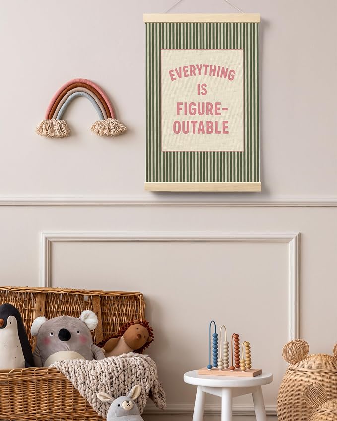 FGFK Positive Affirmations Wall Art Poster Hanger Frame 16x24 Inch | Retro Pink and Green Everything Is Figureoutable Canvas Prints Framed Wall Decor for Office Classroom Home Bedroom
