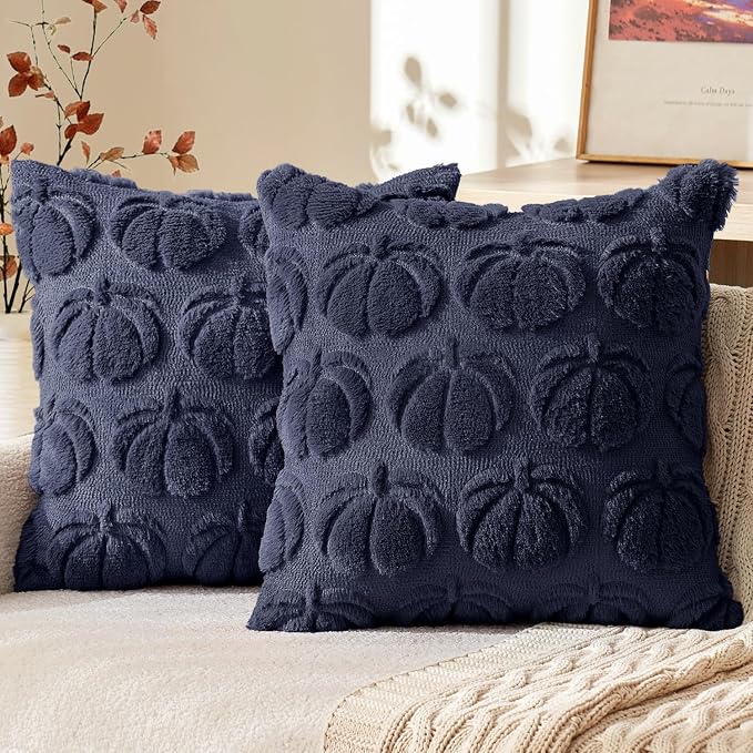 MIULEE Fall Pillow Covers Pumpkin Fall Decor 20x20 Navy Blue | Set of 2 Fall Decorations for Home, Plush Faux Fur Farmhouse Accent Pillowcases, Porch Sofa Couch Cushion Bed Livingroom