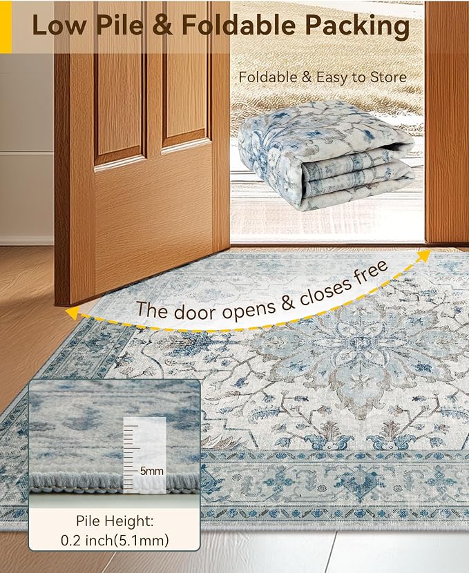 RELEANY Washable Area Rug, Large 9'x12', Blue/White/Gray | Non-Slip, Water Repellent, Pet Friendly, Easy to Clean, Vintage Floral Boho Decor for Living Room Bedroom Dining Room