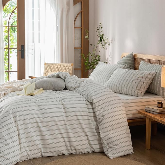 BESTOUCH Striped Cotton Duvet Cover Set Linen Feel Alaska King | 100% Washed Cotton, Soft Wrinkle Texture, Hidden Zipper, 8 Ties, Breathable Lightweight Durable Comfy, 3 Pcs No Insert
