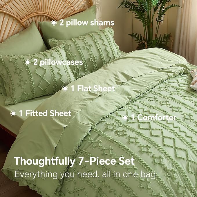 BEDELITE Full Comforter Set 7 Pieces,Boho Bed in a Bag,Sage Green | Tufted Bed Set for All Seasons,Soft Farmhouse-Style Embroidery Bedding,Includes Flat & Fitted Sheets,2 Pillowcases & 2 Shams