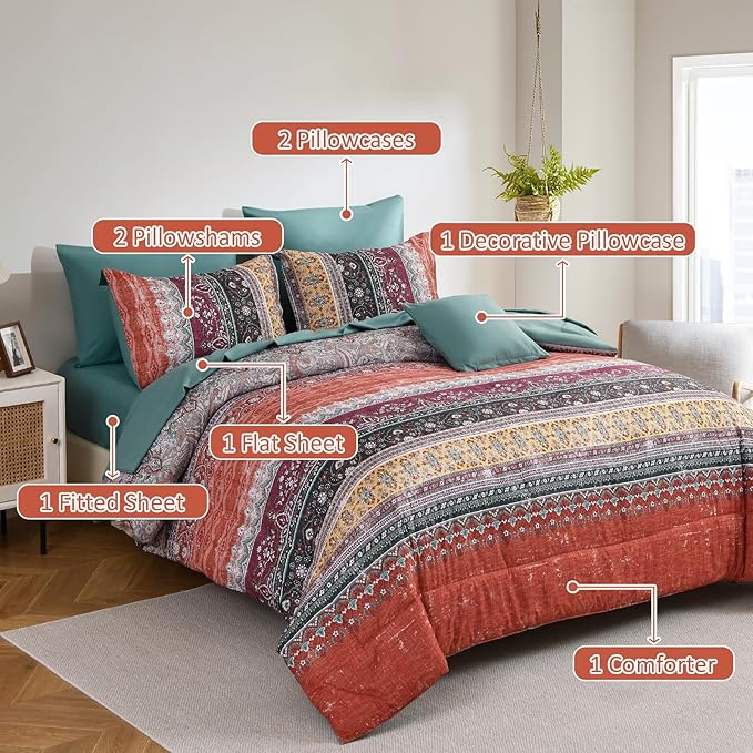 Cottolester Boho Full Comforter Set 8 Pieces,Orange and Green Bohemian Striped Bed in a Bag, Paisley Soft Microfiber Bedding Comforter Set