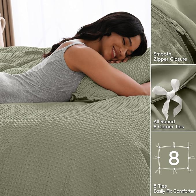 David's Home Textured Waffle Weave Duvet Cover Set, Queen Size, Dusty Sage | Breathable Cozy for All Season, 300GSM, 3PCS Home Bedding Decor, OEKO-TEX Certified, Hidden Zipper, 8 Corner Ties, 90" X 90"