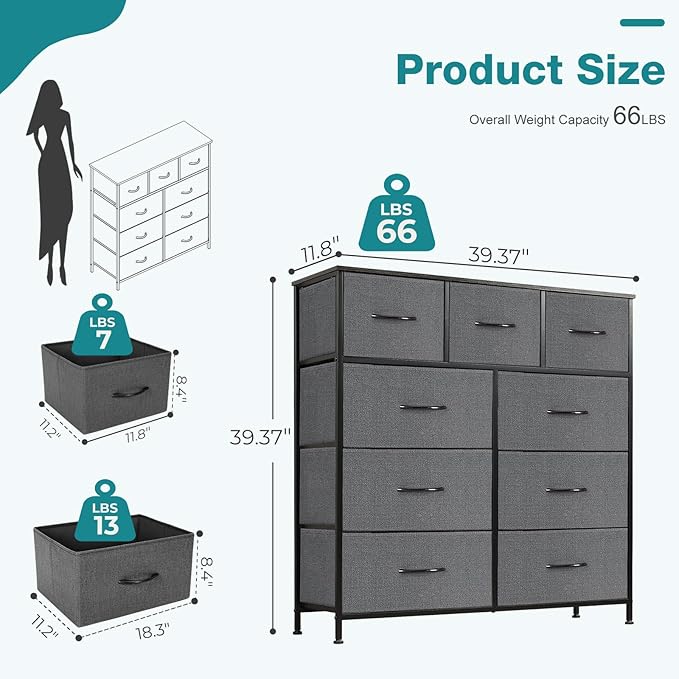 OLIXIS 9 Drawer Fabric Dresser for Bedroom, Closet Organizer Storage Tower | Easy-Pull Chest of Drawers, Lightweight Clothes Organizer, Anti-Tip Design, Space-Saving Storage for Dorm, Apartments, Gray