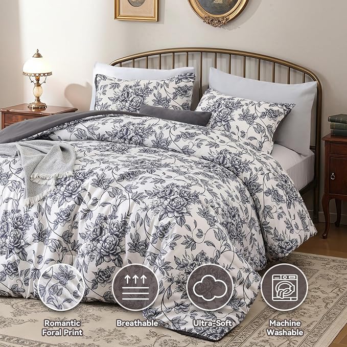 JANZAA Queen Size Comforter Set - Black Peony Floral Shabby Chic Bedding | 3 Piece Cute Floral Bedding for All Season, 1 Soft Fluffy Breathable Microfiber Comforter Set with 2 Pillowcases