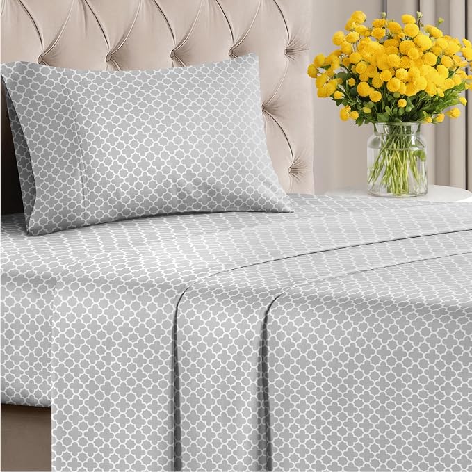 Twin 3 Piece Striped Sheet Set - Soft, Breathable & Cooling - Gray Clover | 1 Flat, 1 Fitted & 1 Pillowcase w/ Deep Pockets, Luxury Striped Bedding, Soft, Breathable & Cooling, Wrinkle & Fade Free