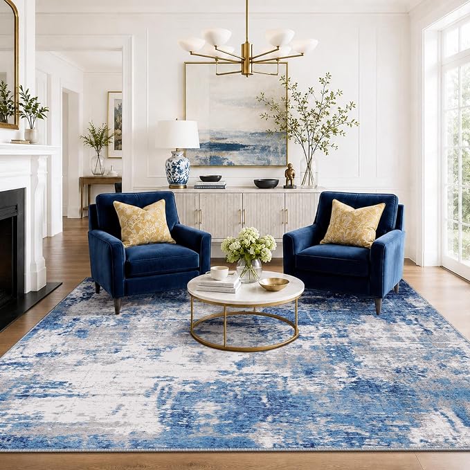 RELEANY Washable 4'x6' Abstract Area Rug for Living Room Blue Gray | Carpet for Bedroom, Kitchen, Office, Hallway and Entryway, Printed Pattern, Non‑Slip, Soft, Stain‑Resistant, Easy to Clean