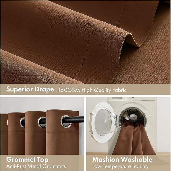 MIULEE Mocha Brown 100% Blackout Curtains for Bedroom 90 Inch Long | 2 Thick Layers Thermal Insulated Window Curtains with Black Liner, Noise Reducing Grommet, Drapes for Living Room, 2 Panels