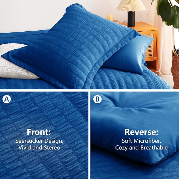 King Comforter Set, 7 Pieces Classic Blue Seersucker Bed in a Bag | OEKO-TEX Certified, All Season Bedding Set with 240 GSM Down Alternative Comforter, Flat & Fitted Sheets, Pillowcases & Shams