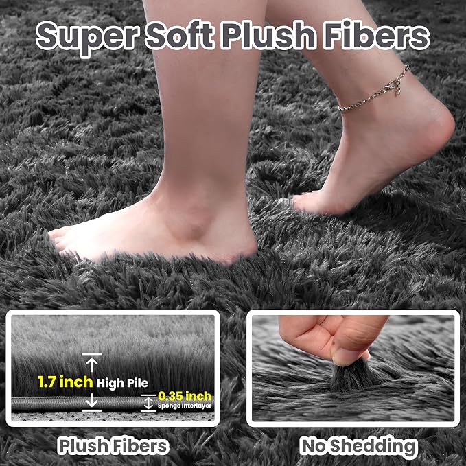 4x6 Fluffy Shag Area Rugs for Living Room Bedroom: Soft Plush Carpet Grey | Upgraded Non-Slip Thick Memory Foam, Ultra Soft, Non-Shedding Fuzzy Carpet, Easy Clean Decor for Kids Room, Nursery, Playroom