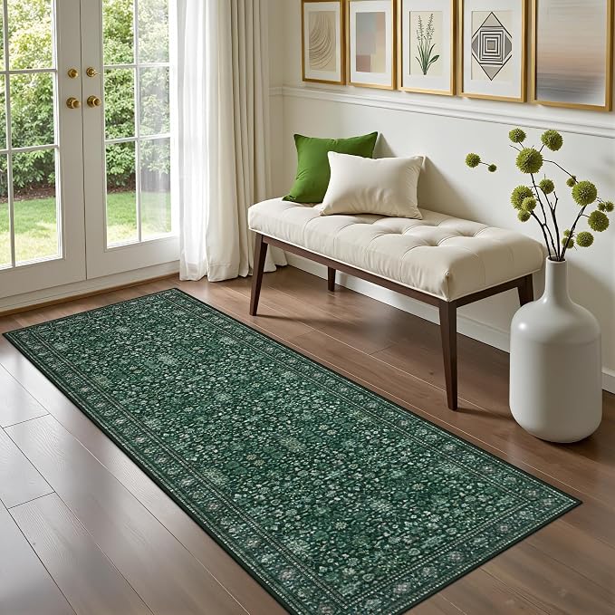 Hallway Runner Rug: 2.6x8 Kitchen Rugs for Living Room Deep Green | Runner Rug Hallway Washable Rug No Slip Soft Bedroom Rug Indoor Floor Stain Resistant Carpets for Entryway, Laundry, Bathroom