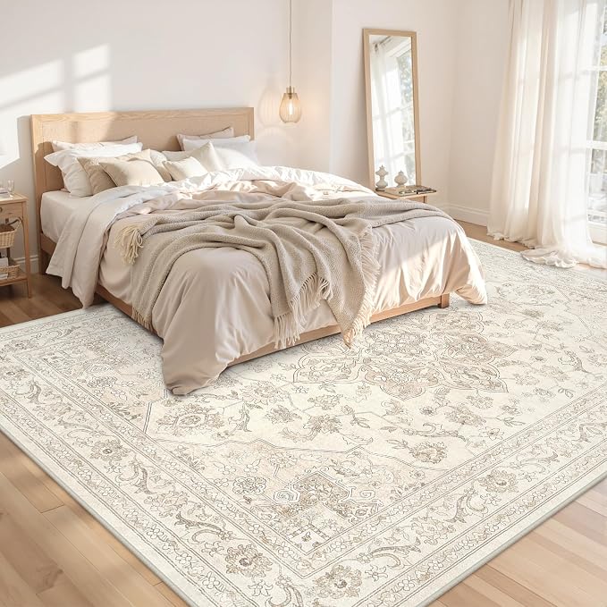 10x14 Area Rugs Living Room: Bedroom Washable Carpet Beige White | Vintage Boho Soft Small Indoor Decor Floor Non-Slip Low Pile Neutral Farmhouse Entryway Laundry Bathroom Bedroom Beside Rugs