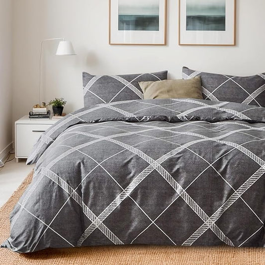 TOCOMOA Plaid Duvet Cover Set 100% Natural Cotton, Grey & White, Queen | Soft, Comfy & Breathable. Printed Bedding Set with Hidden Zipper & 8 Corner Ties. 3PCs, Comforter Not Included
