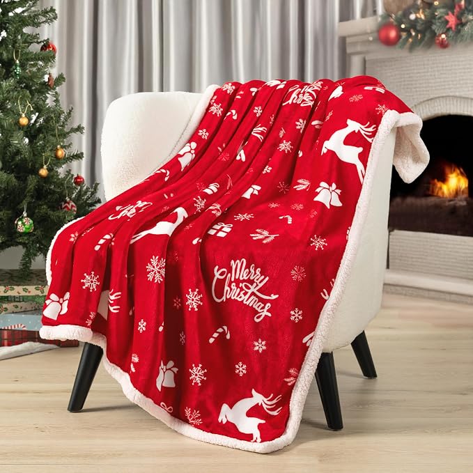 PAVILIA Red Reindeer Christmas Sherpa Throw Blanket, Ultra Soft Reversible Fleece Sherpa 50x60 Winter Blanket for Couch & Bed, Cozy Christmas Home Decor Holiday