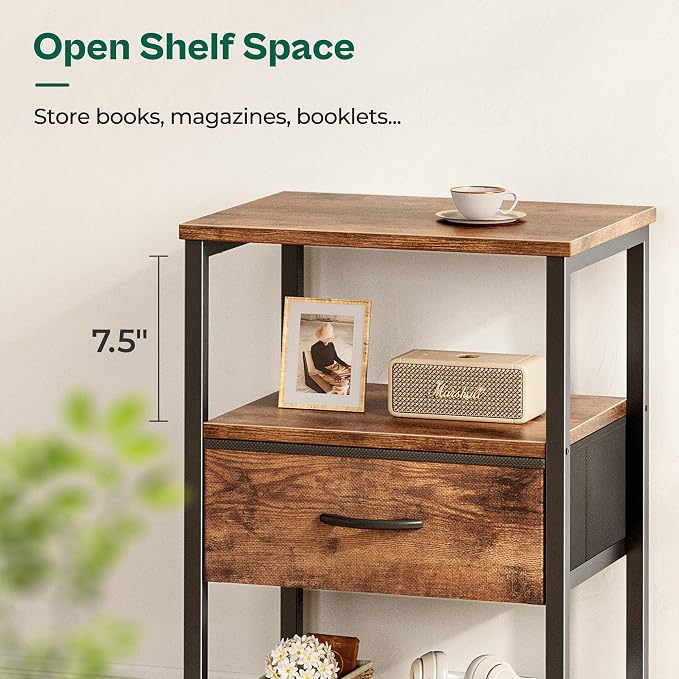Huuger Night Stand with 2 Drawers, Bed Side Table with Open Shelf | Bedroom Nightstand, Fabric Drawer Dresser, Metal Frame, Couch Side, Living Room, Rustic Brown