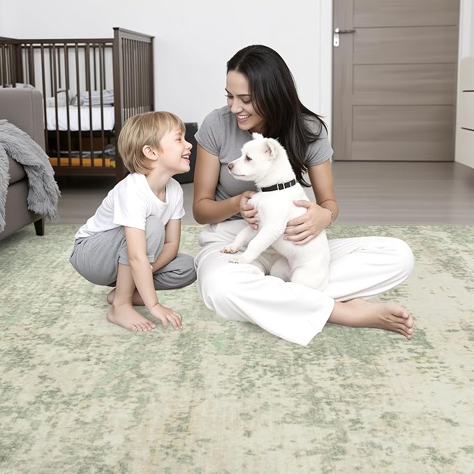 6x9 Area Rug Living Room: Modern Washable Soft Carpet Green Cream | For Bedroom Dining Room Farmhouse Nursery Hallway Office,Modern Abstract,Machine washable,Non-Slip,Stain Resistant,Indoor