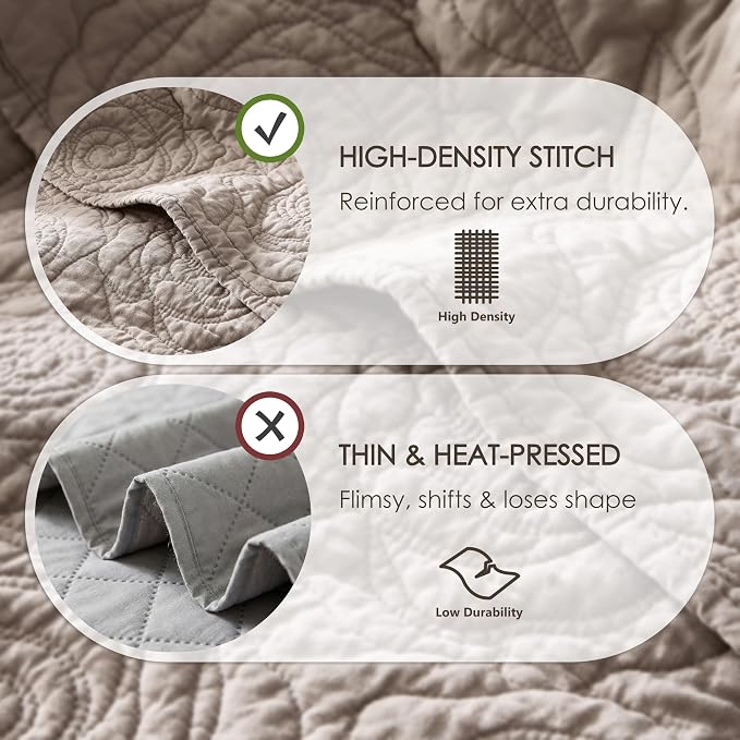 WDCOZY Dark Beige 100% Cotton Quilt Twin Size Bedding Sets with 1 Pillow Shams, Floral Rosette Lightweight Bedspread Soft Farmhouse Patterned Coverlet Quilted Comforter Bed Cover All Season, 2 Pieces
