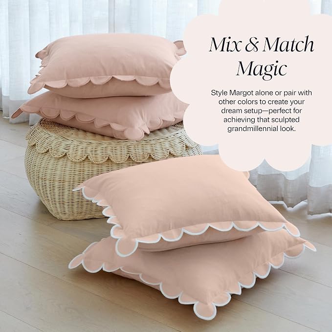 BEBE BASK Scalloped Pillow Cover Set of 2, 18x18, 100% Cotton - Peach Pink | 100% Cotton, Scallop Pillow Covers, Grandmillennial Style, 18 by 18 Inch, Easy to Care, Machine Washable, Scalloped Pillows