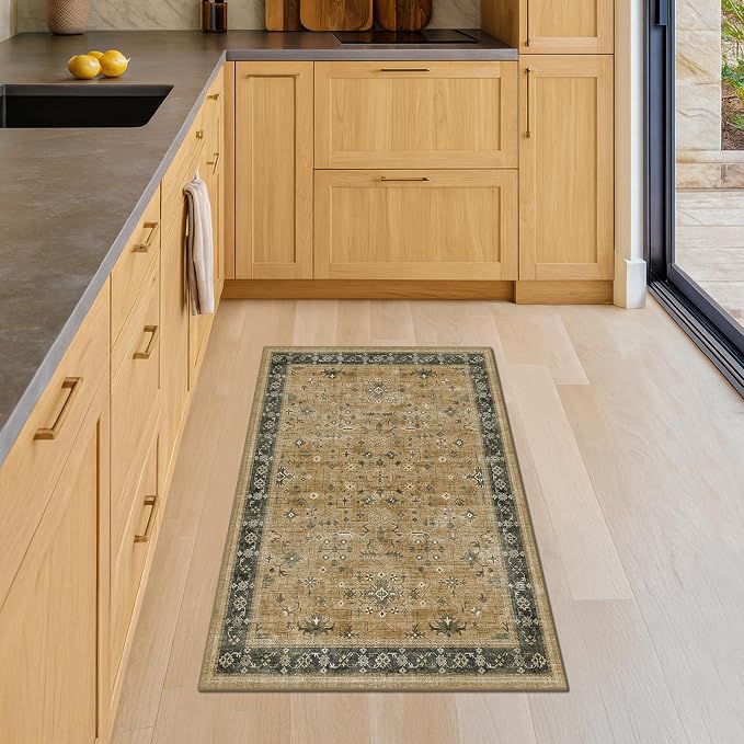 Washable 2x3 Entry Rug Front Door Indoor, Bohemian Kitchen Floor Rug, Non-Slip & Stain Resistant, Vintage Rustic Brown and Charcoal Olive Farmhouse Floral Décor