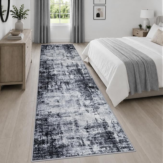 3x14 Washable Runner Rug：Modern Abstract Soft Carpet Dark Black | For Hallway, Bedroom, Kitchen, Laundry, Bathroom,Door Mat,Modern Abstract,Machine washable,Non-Slip,Stain Resistant,Indoor