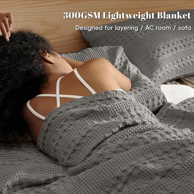 PHF Lightweight 100% Cotton Waffle Throw Blanket for Couch, Dark Grey | Pre-Washed Soft Cotton Comfort, Breathable Layering Warmth for Fall & Winter, Office, Travel, Sofa, Home Decor & Gifts