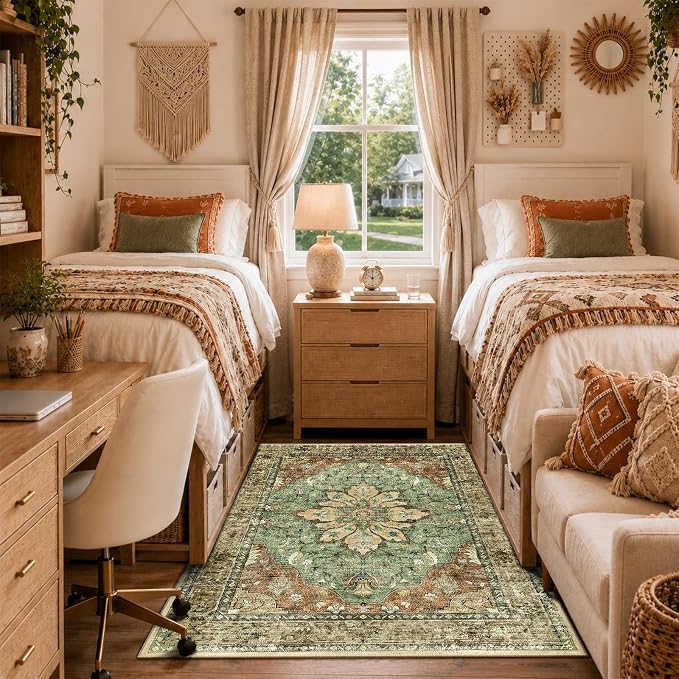 RELEANY Washable Area Rug, 3'x5', Brick/Brown/Green | Non-Slip, Water Repellent, Pet Friendly, Easy to Clean, Vintage Floral Boho Decor for Living Room Bedroom Beside Kitchen
