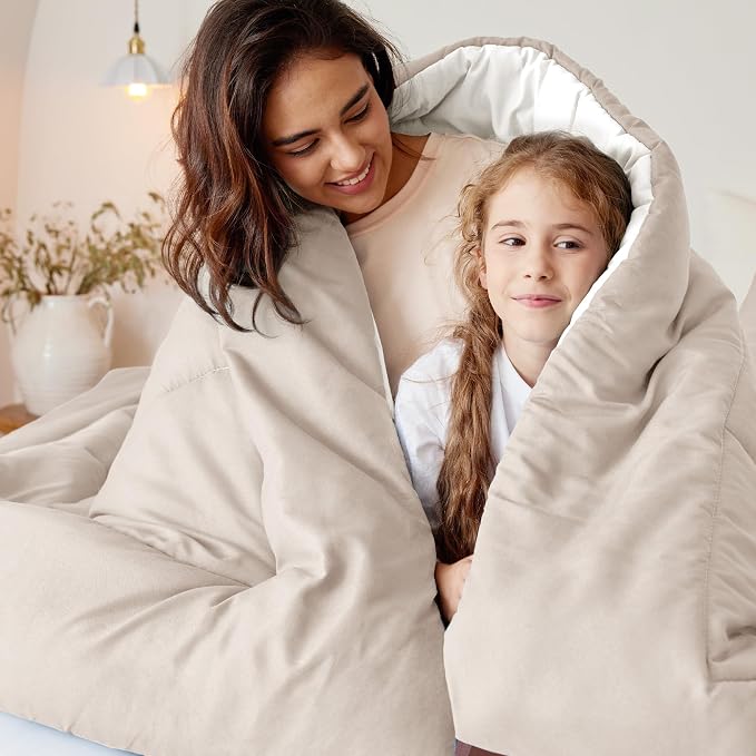 Exclusivo Mezcla Reversible Soft Twin Comforter Set, 2 Pieces | Brich Beige/ White Lightweight Microfiber Down Alternative Comforters, All-Season Bedding with 1 Pillow Sham