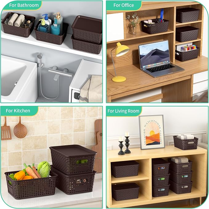 8 Pack Plastic Storage Baskets,Brown Stackable Bins with Lid | 5.3qt Storage Containers with Labels for Organizing Shelves Drawers Desktop Closet Playroom Classroom Office