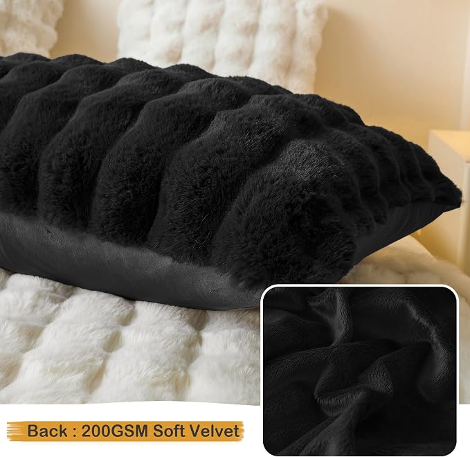 LIFEREVO Fluffy Faux Rabbit Fur Body Pillow Cover 20"x54", Black | Luxury Bubble Waffle Plush Bed Pillowcase with Hidden Zipper, Washable Fuzzy Long Pillow Case for Adults Kids Girls Teens