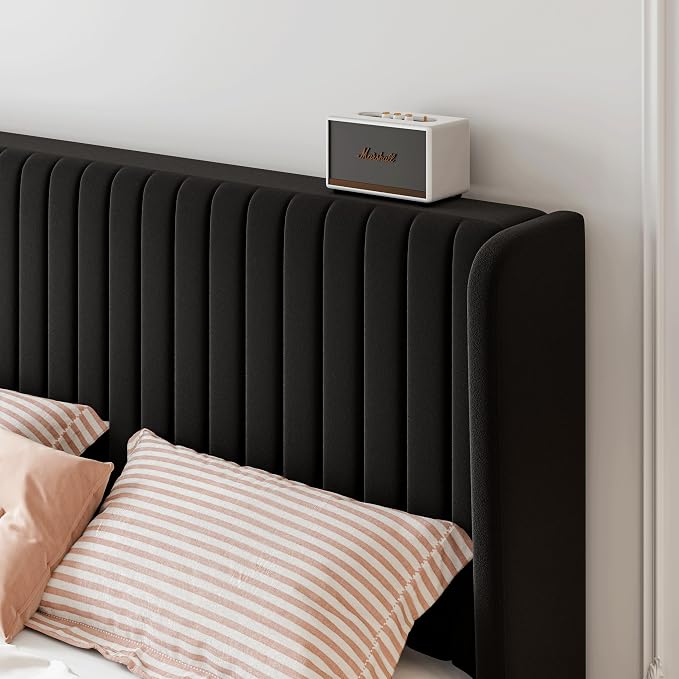 SHA CERLIN Full Size Velvet Bed Frame, Tufted Wingback Headboard, Black | 47'' Modern Vertical Channel Headboard, Upholstered Platform Bed, Wood Slats, No Box Spring Needed, Easy Assembly, Noise Free