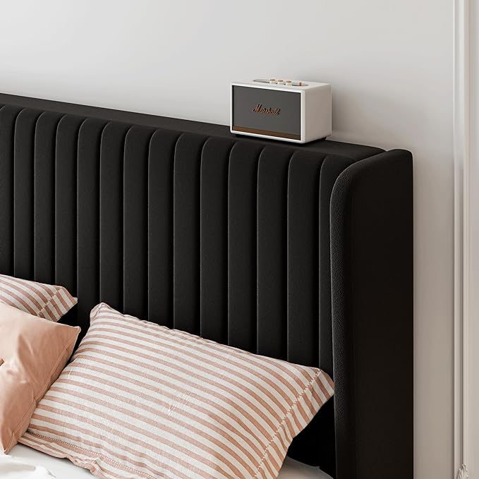 SHA CERLIN King Size Velvet Bed Frame, Tufted Wingback Headboard, Black | 47'' Modern Vertical Channel Headboard, Upholstered Platform Bed, Wood Slats, No Box Spring Needed, Easy Assembly, Noise Free