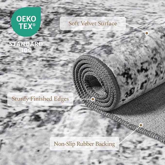 Rugflix 8x10 Area Rugs for Living Room, Washable Grey Large Rug | Machine Washable; Stain-Resistant; Low Pile; Non-Slip; Modern Abstract; Black Carpet for Bedroom Dining Office Nursery Home
