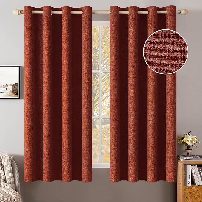 MIULEE 100% Blackout Linen Curtains for Bedroom 52x45 Inches Burnt Orange | Room Darkening, Light Blocking, Thermal Insulated, Grommet Top, Linen Textured, Fall Curtains for Living Room, 2 Panels