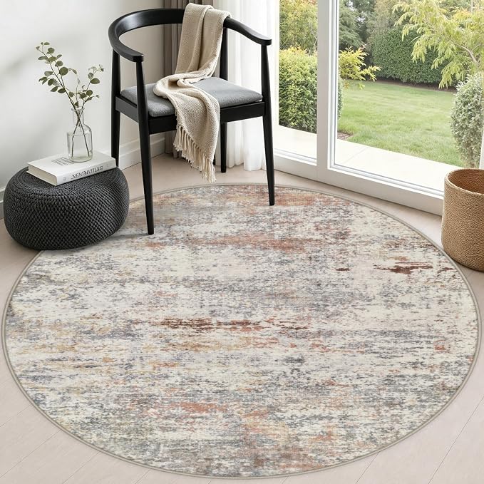 Round Area Rug Living Room: 5 ft Modern Washable Carpet Taupe | For Bedroom Dining Room Farmhouse Nursery Hallway Office,Modern Abstract,Machine washable,Non-Slip,Stain Resistant,Indoor