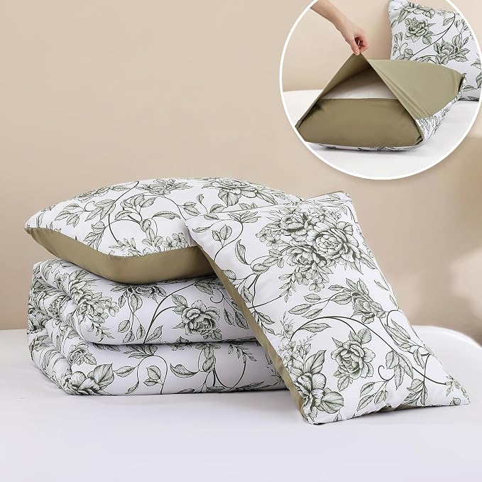 JANZAA Queen Size Comforter Set - Green Peony Floral Shabby Chic Bedding | 3 Piece Cute Floral Bedding for All Season, 1 Soft Fluffy Breathable Microfiber Comforter Set with 2 Pillowcases