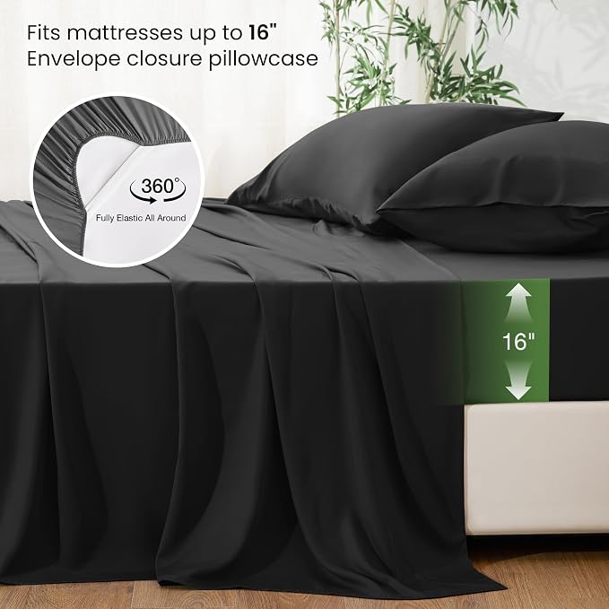 Love's cabin 3 Piece Twin Sheet Set, 100% Rayon Derived from Bamboo, Cooling & Breathable, Soft Silky Deep Pocket up to 16", Hotel Luxury Bedding for Hot Sleepers, Black