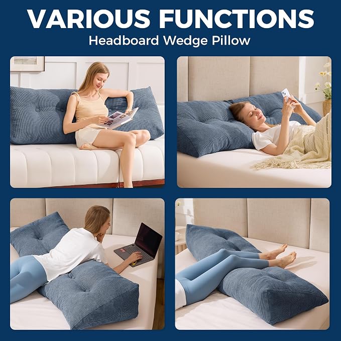 Headboard Pillow Queen, Wedge Pillow Headboard, Navy Blue | Triangle Backrest for Headboard, Bed Pillow for Sitting Up Reading Working, Removable Cover, Side Pockets, for Bed Dorm Sofa