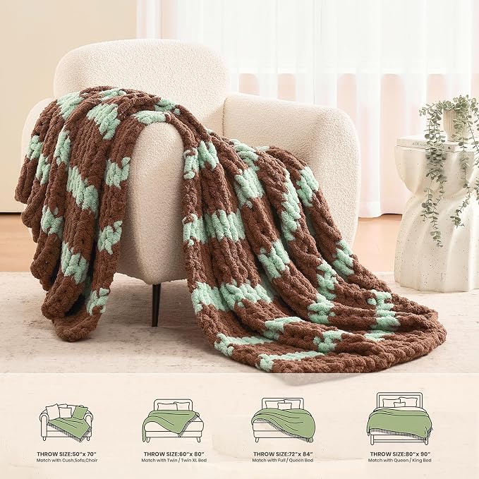 L'AGRATY Chunky Knit Throw Blanket for Couch, 50 x 60 Inches, Brown Green | Handmade Chenille Crochet Blanket for Sofa Bed, Thick Cable Knitted Blankets for Room Home Decor, Birthday Gift for Women Mom
