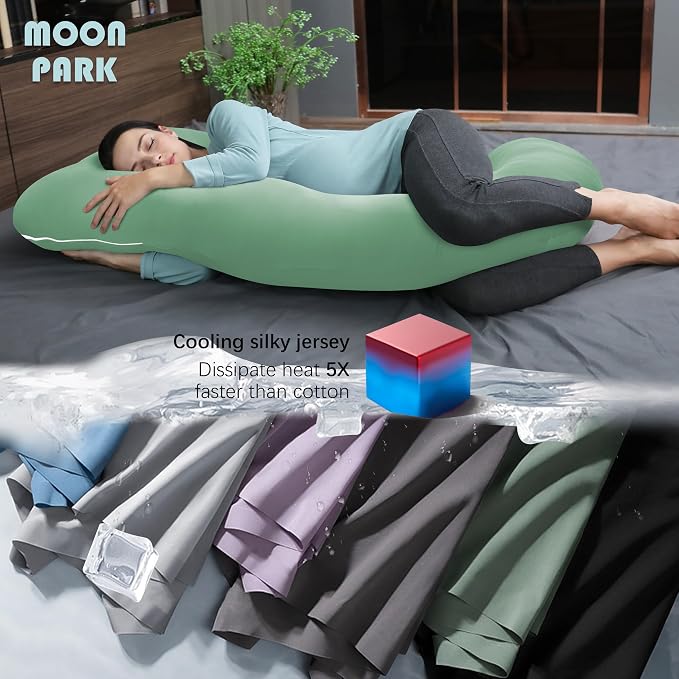 MOON PARK Pregnancy Pillows for Sleeping - U Shaped Full Body Maternity Pillow with Removable Cover - Support for Back, Legs, Belly, Hips - 57 Inch - Green - Cooling Cover