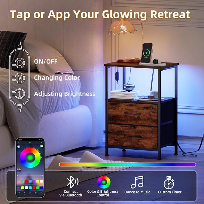 Somdot Nightstands Set of 2 with 2 Drawers, Charging Station & LED Light | Open-Shelf End Tables for Bedside, Dorm, Guest Room, Kids Room, Bedroom, Entryway and Hallway, Brown