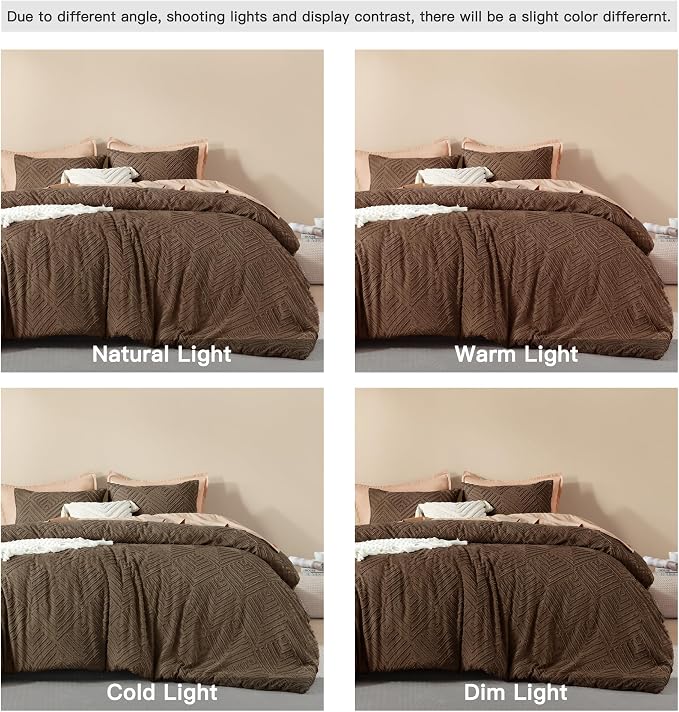 Litanika King Size Comforter Set, 3 Pieces Brown Tufted Boho Bedding Set | Farmhouse Shabby Chic Vintage Bohemian Textured Aesthetic Soft Fluffy Lightweight Breathable All Season Bed Set for King Bed