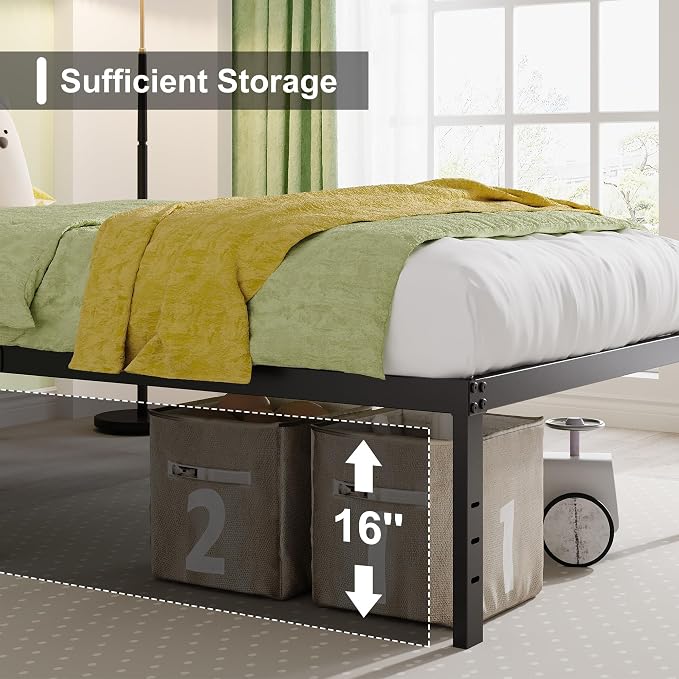 EMODA 18 Inch King Bed Frame, Heavy Duty Tall with Large Storage Space | Metal Platform No Box Spring Needed Noise Free, Easy Assembly, Black