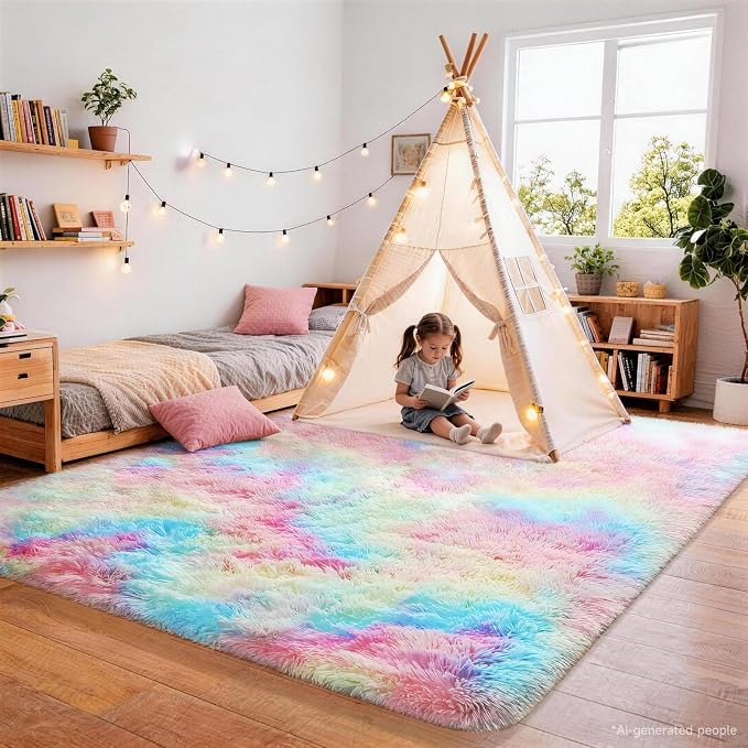 Ophanie Rainbow Colorful Rugs for Living Room 5x8, Unicorn Fluffy Shag Fuzzy Plush Soft Carpets, Floor Shaggy Area Rugs for Bedroom, Carpet for Kids Girls Dorm Nursery Home Decor Aesthetic