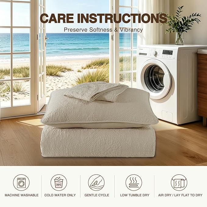 GOONE 100% Cotton Oversized King Quilt Set 112"x106" Light Beige | Lightweight Breathable Oversized Bedspread Coverlet for Summer, Farmhouse Stitched Medallion Pattern Bedding Set with 2 Shams