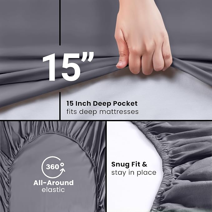 Pack of 2 Full Fitted Sheet, Fits Up to 16 Inch Deep Pocket, Grey | Hotel Comfort, Cooling & Breathable Cotton like Polyester, Easy Fit, Wrinkle & Fade Resistant, Snug Fit, Easy Care, Oeko-Tex