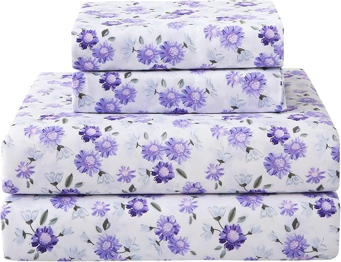 Softan Puple Floral King Sheet Set, 4-Piece Microfiber Printed Fitted Sheet with 15" Deep Pockets & Non-Slip Straps, White Flower Patterned Bedding Sheets & Pillowcase Set