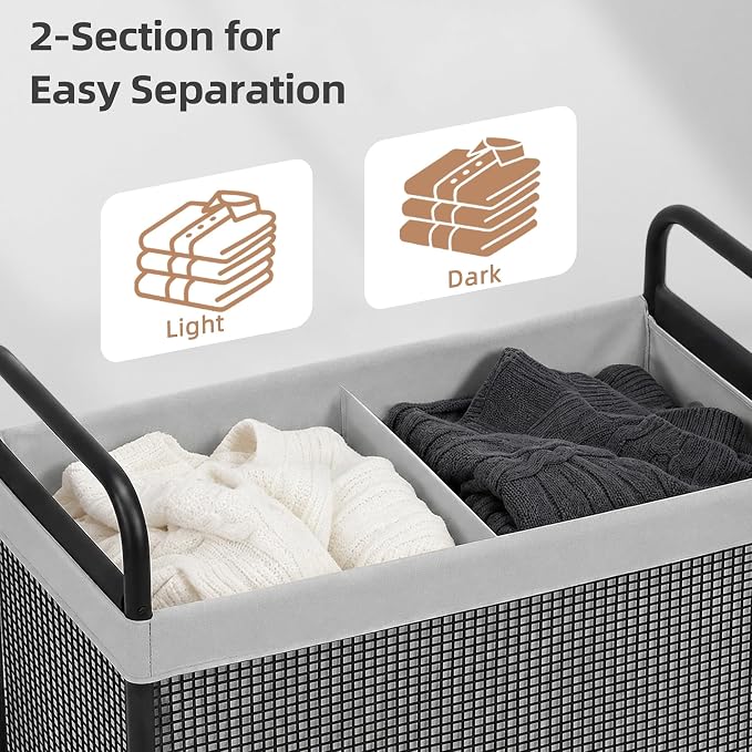 STORAGE MANIAC Rolling Laundry Hamper with Wheels 2-Section Laundry Sorter Rolling Laundrys Basket on Wheels with Removable Bag Clothes Hamper Laundrys Organizer Cart Bathroom Bedroom 100L Grey