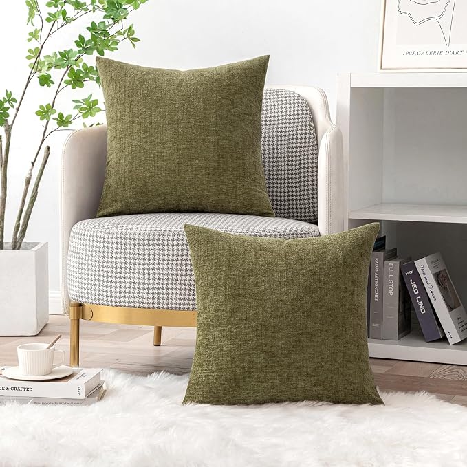 MIULEE Soft Chenille Throw Pillow Covers Olive Green 20x20 Inch Pack of 2 | Modern Home Decor, Classic Decorative Pillows, Solid Dyed Cases, Boho Couch Cushion Covers for Sofa Bed Living Room